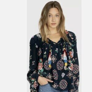 NWT Johnny Was Harley Floral Peasant Top Boho Blouse with Tassels, Navy Blue, XS